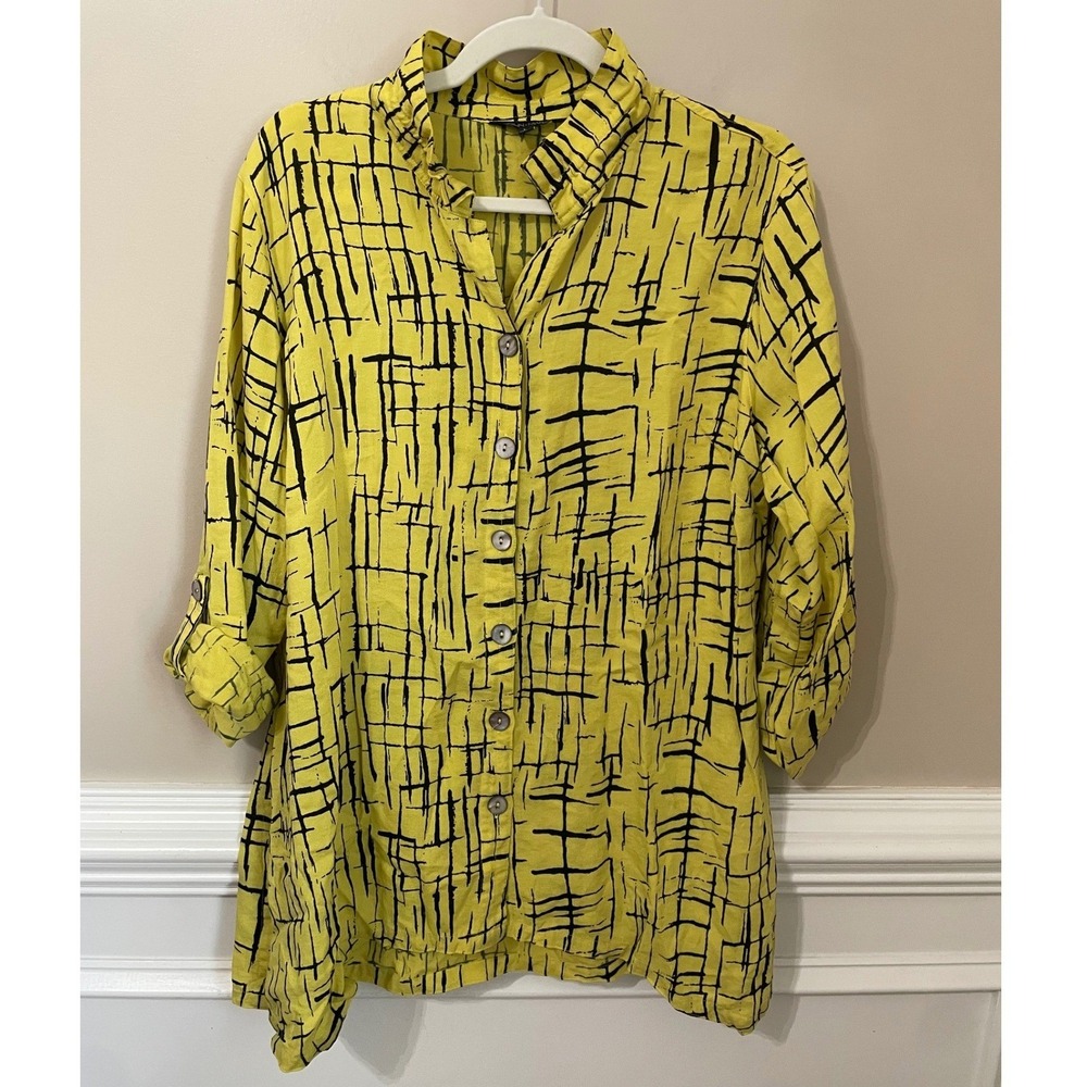 John Mark Size L Yellow Black Abstract Grid Ruffle Collar Roll Tab Tunic Top